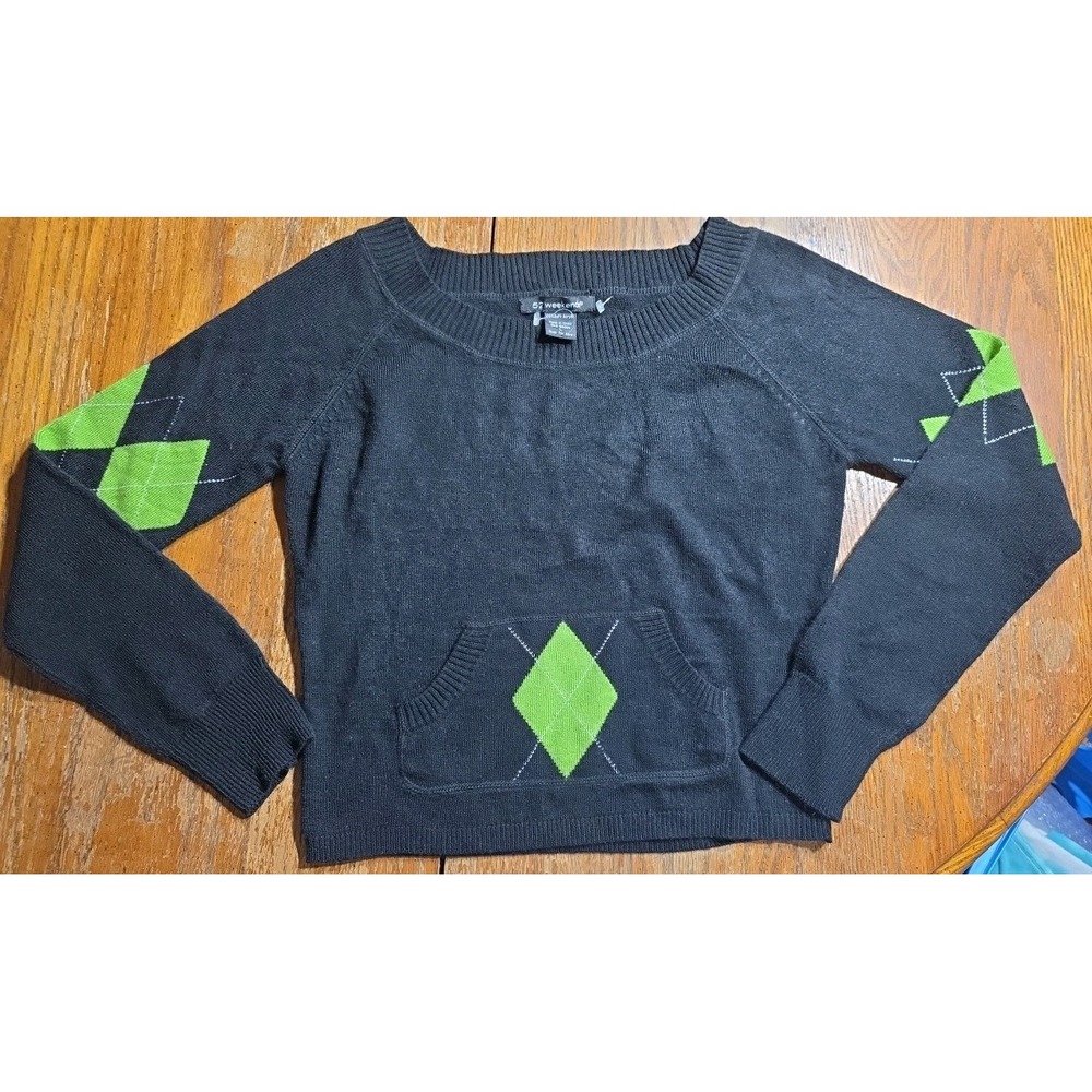 52 Weekends Y2K Hot Argyle Sweater Wide Neck Black Preppy Acadamia Womens Jrs L